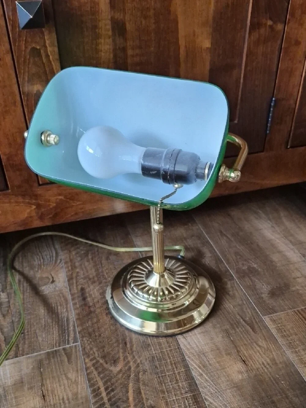 Green Banker Table Lamp with Brass Colored Base